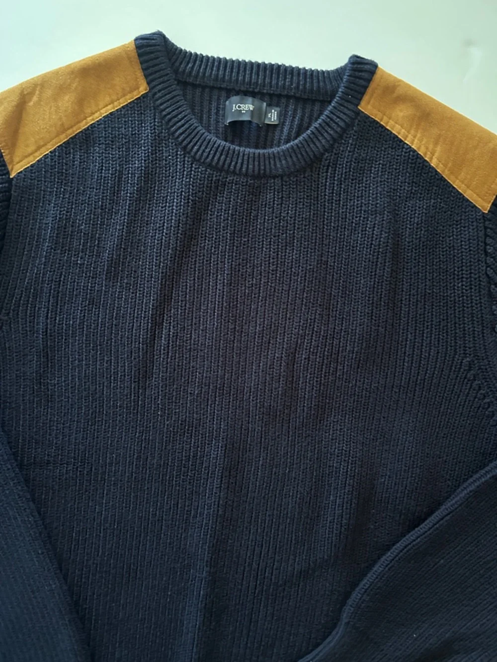 J. Crew Navy Crewneck Sweater with Tan Shoulder Patches - Men XL